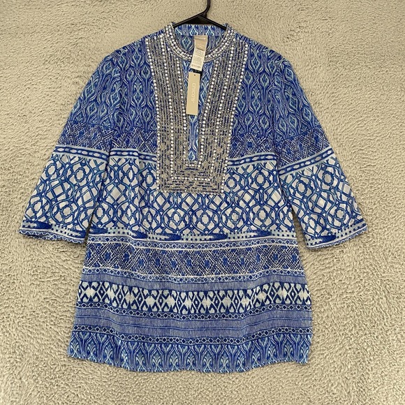 Chico's Tops - Chicos Beaded Tunic Top Womens 1/M Blue Geometric Sheer Embellished 3/4 Sleeve